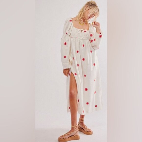 NWOT FREE PEOPLE LINEN Blend EMORY EMBROIDERED MIDI DRESS Slit Side LS IVORY L NWOT FREE PEOPLE LINEN Blend EMORY EMBROIDERED MIDI DRESS Slit Side LS IVORY L